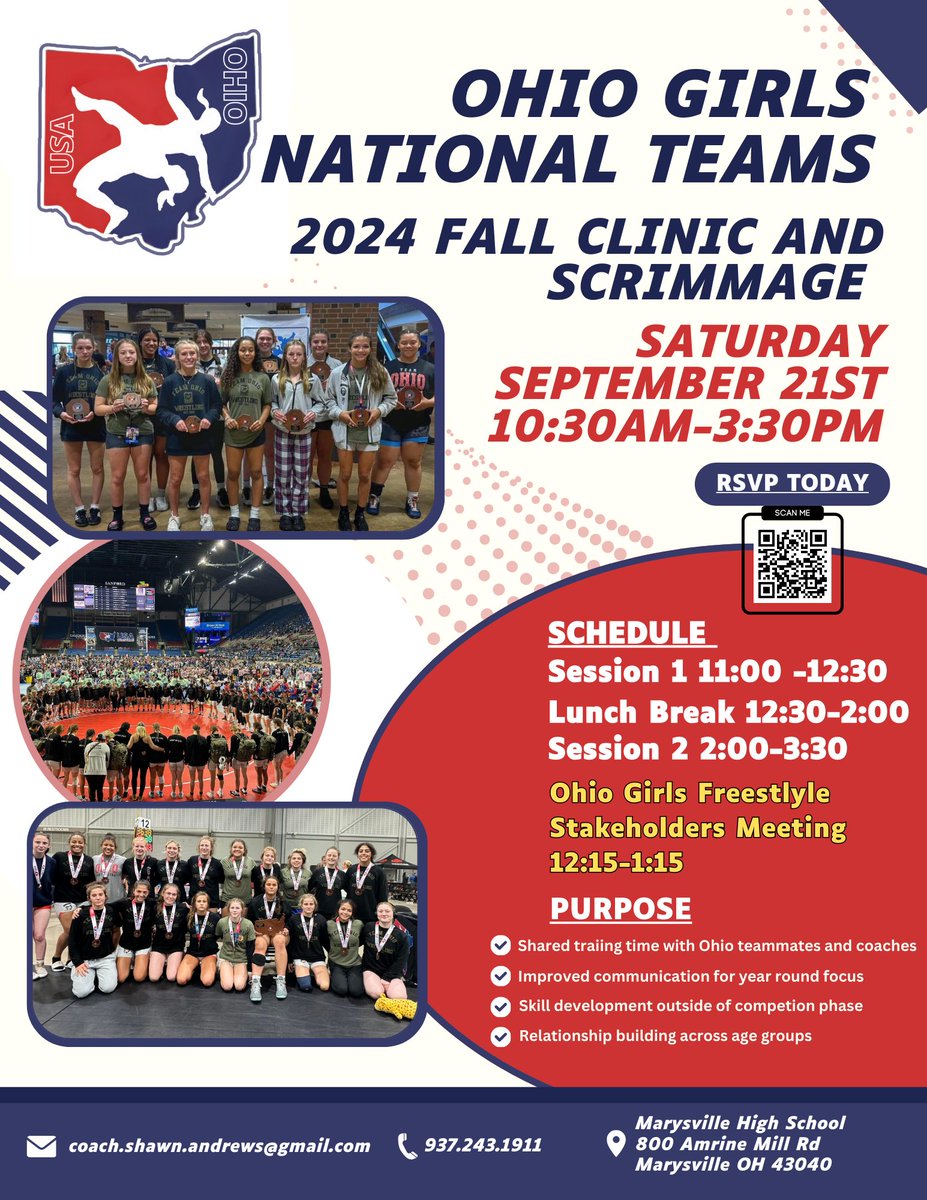 The Ohio Girls National Team is looking to be more active all year round.  We will have a fall clinic and scrimmage on Sept. 21st.  We are also having a stakeholders meeting for coaches and parents who want to be more involved with Freestyle and greco. Scan the QR code to sign up