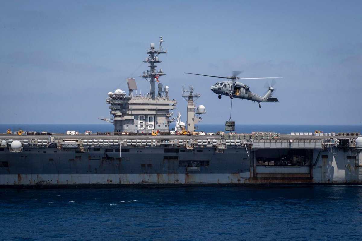 ZAGrrl's tweet image. #MightyIKE's #Mighty #Offload! The Nimitz-class aircraft carrier USS Dwight D. Eisenhower (CVN 69) (IKE) completed an ammunition off-load with the Nimitz-class aircraft carrier USS Harry S. Truman (CVN 75), the Ford-class aircraft carrier USS Gerald R. Ford (CVN 78) and dry cargo