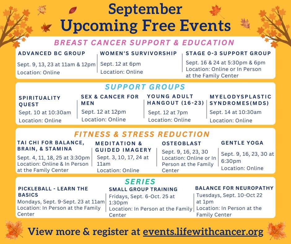 LifewithCancer's tweet image. September is just around the corner ✨🍂 Whether you’re looking to get active with our fitness classes or find connection in our support groups, we’re here to help you stay motivated! Visit events.lifewithcancer.org to sign up!