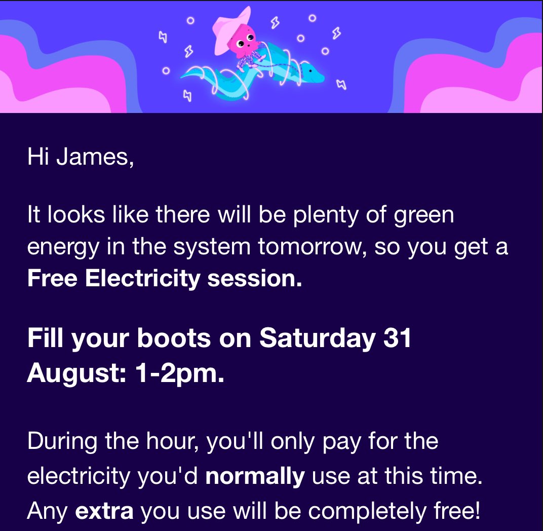 Whoop! More free washing, dishwashing, car charging, vacuuming and cooking at 1pm tomorrow #FreeElectricity <a href="/OctopusEnergy/">Octopus Energy</a> 🐙😎