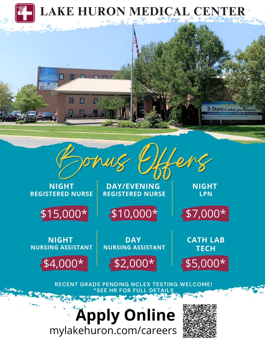 MyLakeHuron's tweet image. 🚨Attention all healthcare professionals! 🩺 Don&apos;t miss out on these amazing bonus offers for RN&apos;s, LPN&apos;s, NA&apos;s and Cath Lab Techs! 💰 Don&apos;t wait any longer, join our team and take advantage of our competitive bonuses! #healthcarejobs #nurses #cathlabtech #bonusopportunities ...