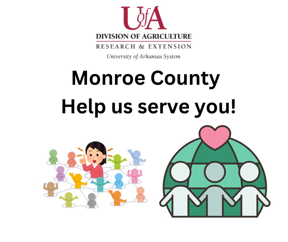 If you live in Monroe County AR &amp; are interested in building it's future, your help is greatly appreciated in determining the programs offered by the Monroe County Extension Office for the 2025 program year.
Follow the link forms.office.com/r/z3EVK8M9aG &amp; help us serve you!