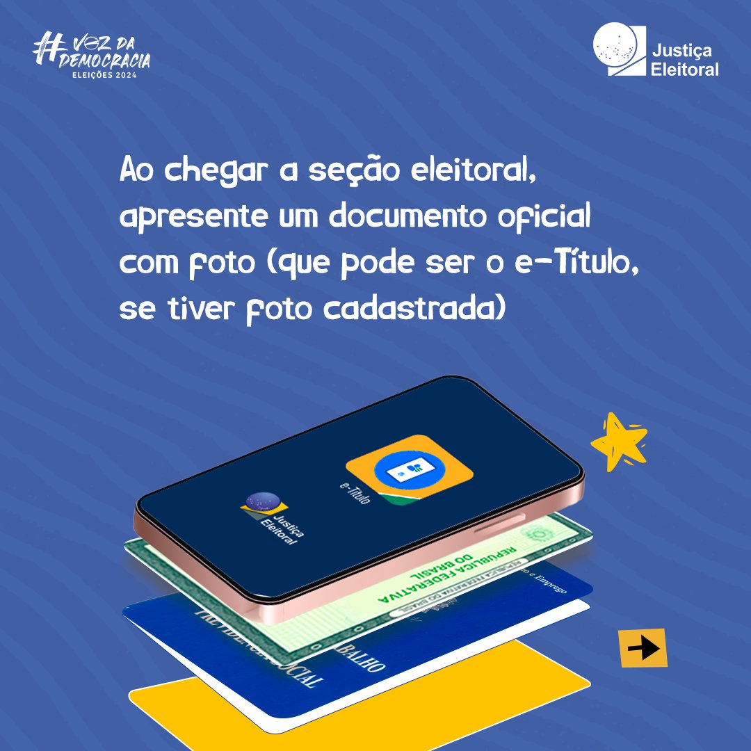 Os documentos aceitos pra votar são: identidade (RG), carteira de motorista, certificado de reservista, carteira de trabalho, passaporte e carteira de categoria profissional reconhecida por lei. Aaah! E o e-Título na tela do celular, desde que a foto tenha sido coletada.