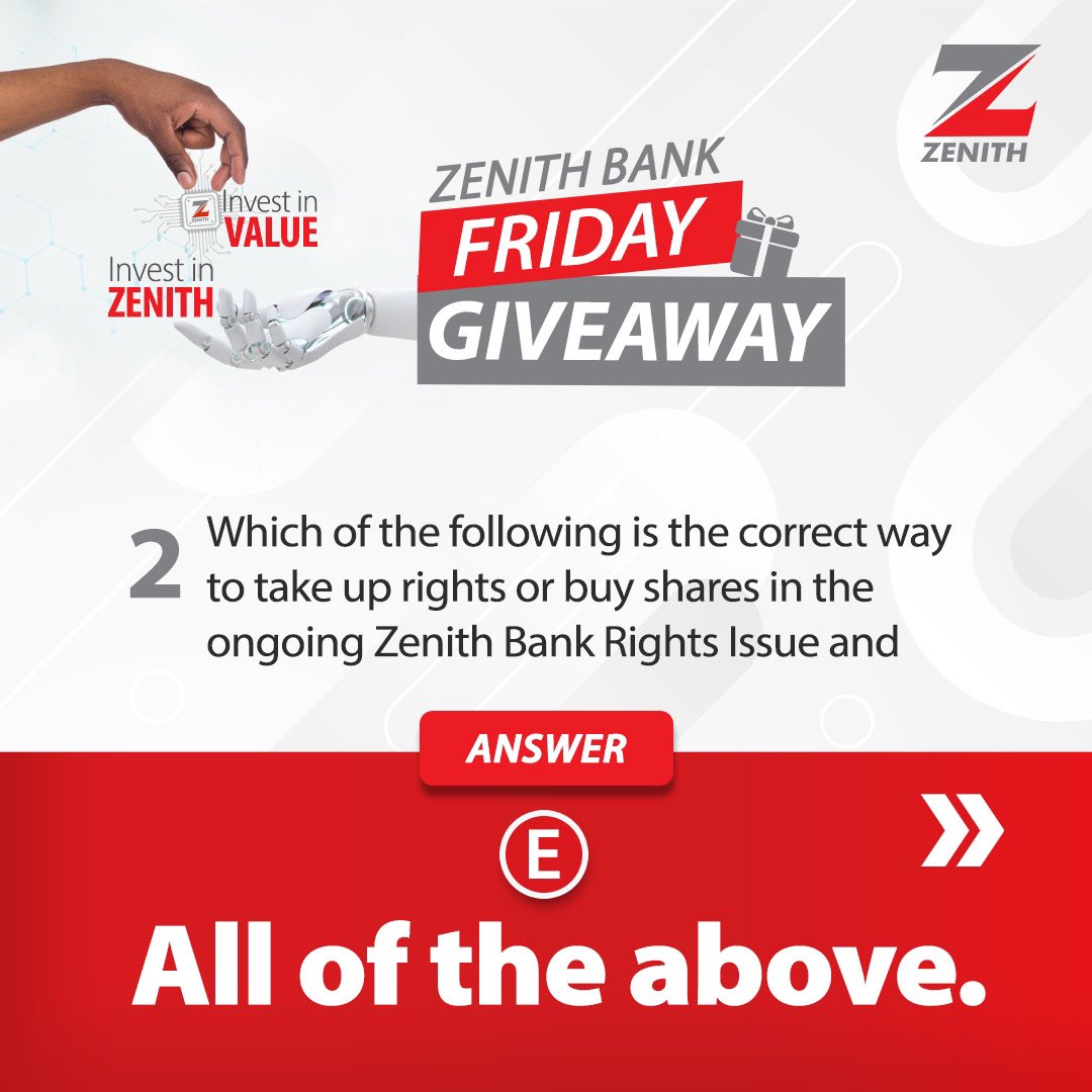 ZenithBank's tweet photo. Congratulations to the winners of the Zenith Bank Friday Giveaway!
Kindly send us a DM to redeem your prizes.
Thank you for participating and for banking with us.
#ZenithBank #ZBFridayGiveaway #InvestInValueInvestInZenith #ZenithBankPublicOffer2024 https://t.co/IMsTThneFR