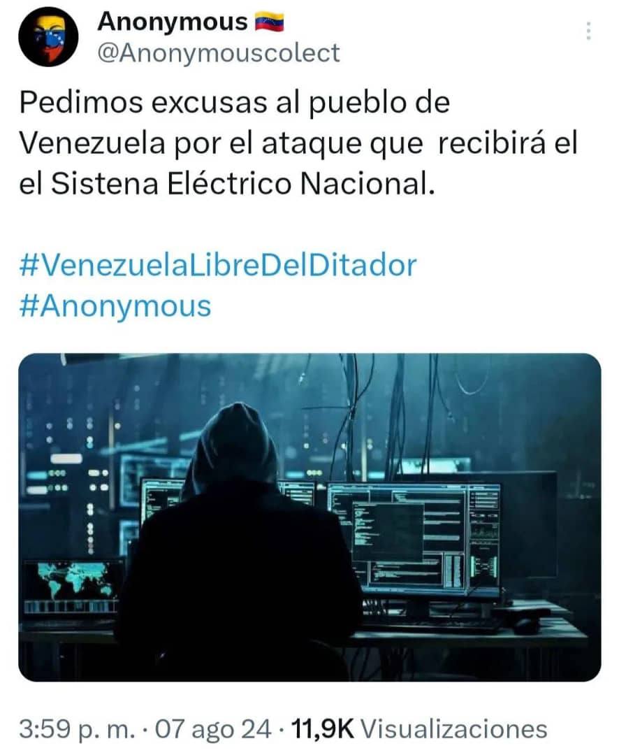 #Venezuela En días anteriores, Anonymous advirtió que realizaría un ataque contra el Sistema Eléctrico Nacional.
