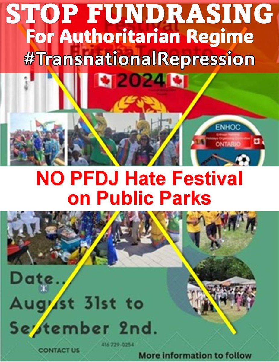EriSamrawit's tweet photo. #Canada must not be a safe haven for the #Eritrean regime to carry out its repressive tactics. Our public spaces should be free from foreign interference. #CancelPFDJFestival #StopForeignInterference #TransnationalRepression #BlueRevolution @cityoftoronto @PasternakTO @YaaraSaks @MPPKerzner @MayorOliviaChow @CdnHumanRights @GAC_Corporate @Safety_Canada @AmnestyNow @rcmpgrcpolice @TorontoPolice