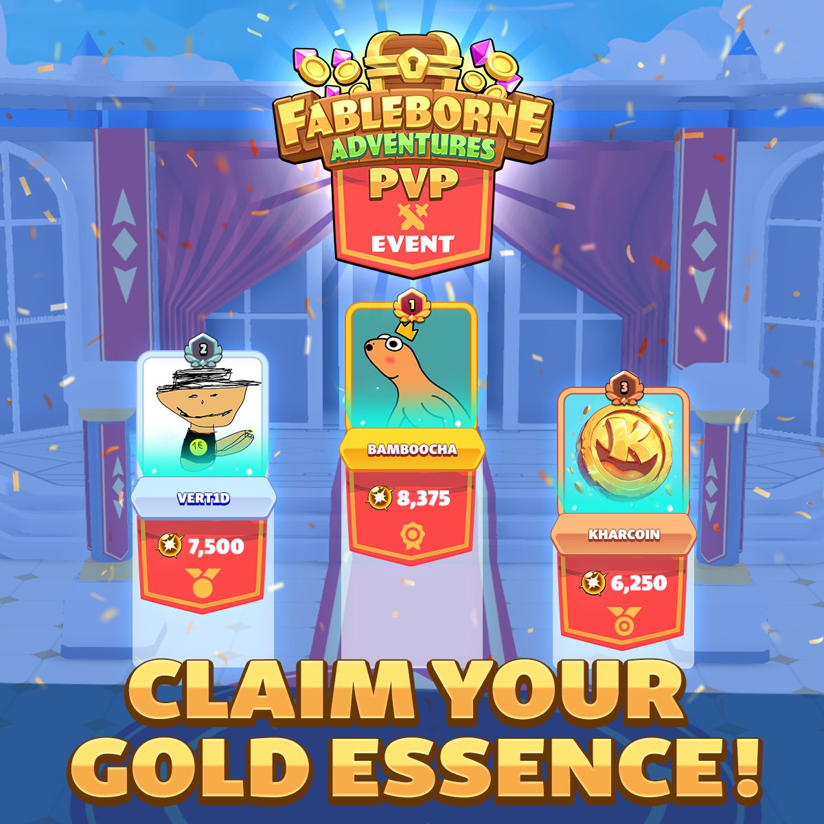 Our first PvP event was a massive success! ⚔️🏆

Congratulations to all of our participants, and a special congratulations to the top 3 winners! 🥇🥈🥉

Gold Essence claim for qualifying players is now open in the Fableborne App, and will end on 9/2/24 5PM UTC! 🚀✊