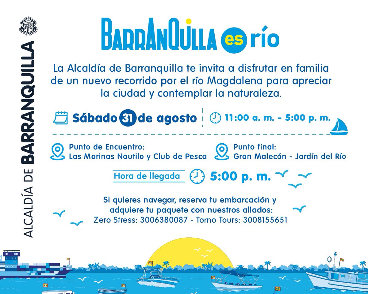 alcaldiabquilla's tweet photo. 🚢Con feria de emprendimiento y recorrido por el Magdalena: Vuelve #BarranquillaEsRío🛍️

Navega por el río desde las marinas Nautilo y Club de Pesca a partir de las 11:00 a.m. Los interesados podrán pasear en lanchas por el Gran Malecón y Jardín del Río. https://t.co/zOQBKsYCPi