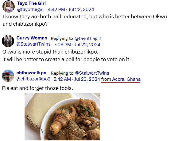Yawa Of The Day (@yawa_of_the_day) on Twitter photo <a href="/StalwartTwins/">Curvy Woman</a> <a href="/chibuzorikpo2/">chibuzor ikpo</a> <a href="/tayothegirl/">Tayo The Girl</a> <a href="/fred_ballas/">Fred (PhD)</a> <a href="/anna_lrig/">Anna Lrig</a> <a href="/thewoman28/">The Woman</a> <a href="/FreakyWikileaks/">Freaky Wikileaks</a> <a href="/helpingpoorppl/">HelpingPoorPeopleDotCom</a> <a href="/simon_ekpa/">Simon Ekpa</a> <a href="/Naija102FM/">NaijaFM 102.7</a> <a href="/_Debbie_OA/">Mummy Zee ✨🇳🇬✨</a> <a href="/SamuelM64813364/">Samuel Matthew</a> <a href="/Jagaban77596549/">Jagaban Media.</a> <a href="/ugbong001/">Akon</a> <a href="/ninjaplease321/">🇬🇧Panda🇳🇬</a> <a href="/hopahop/">Mandy</a> <a href="/sam7pb/">Sampeace Brown</a> <a href="/Johniky5/">John iky</a> <a href="/anambraguy/">Anambra guy</a> <a href="/whodomemustpay/">Who Do Me Must Pay</a> <a href="/no_gree_for_dem/">No Gree For Anybody</a> The so-called primitive chibuzor ikpo who is doing crimes in Ghana, presented Curvy Woman food to eat because she said "Okwu is more stupid than chibuzor ikpo."
<a href="/truthinnigeria/">Facts Checker</a> I suspect that ikpo stole the food. Did he cook the food? Please fact-check it for us. <a href="/StalwartTwins/">Curvy Woman</a> <a href="/chibuzorikpo2/">chibuzor ikpo</a> <a href="/tayothegirl/">Tayo The Girl</a> <a href="/fred_ballas/">Fred (PhD)</a> <a href="/anna_lrig/">Anna Lrig</a> <a href="/thewoman28/">The Woman</a> <a href="/FreakyWikileaks/">Freaky Wikileaks</a> <a href="/helpingpoorppl/">HelpingPoorPeopleDotCom</a> <a href="/simon_ekpa/">Simon Ekpa</a> <a href="/Naija102FM/">NaijaFM 102.7</a> <a href="/_Debbie_OA/">Mummy Zee ✨🇳🇬✨</a> <a href="/SamuelM64813364/">Samuel Matthew</a> <a href="/Jagaban77596549/">Jagaban Media.</a> <a href="/ugbong001/">Akon</a> <a href="/ninjaplease321/">🇬🇧Panda🇳🇬</a> <a href="/hopahop/">Mandy</a> <a href="/sam7pb/">Sampeace Brown</a> <a href="/Johniky5/">John iky</a> <a href="/anambraguy/">Anambra guy</a> <a href="/whodomemustpay/">Who Do Me Must Pay</a> <a href="/no_gree_for_dem/">No Gree For Anybody</a> The so-called primitive chibuzor ikpo who is doing crimes in Ghana, presented Curvy Woman food to eat because she said "Okwu is more stupid than chibuzor ikpo."
<a href="/truthinnigeria/">Facts Checker</a> I suspect that ikpo stole the food. Did he cook the food? Please fact-check it for us.