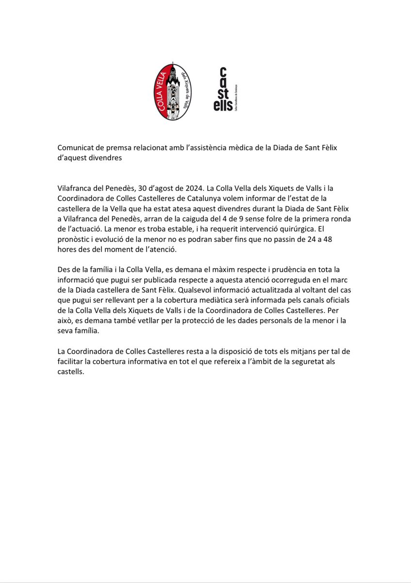 Comunicat de la Colla Vella dels Xiquets de Valls (<a href="/collavella/">Colla Vella dels Xiquets de Valls</a>) i la Coordinadora de Colles Castelleres de Catalunya.

#castells