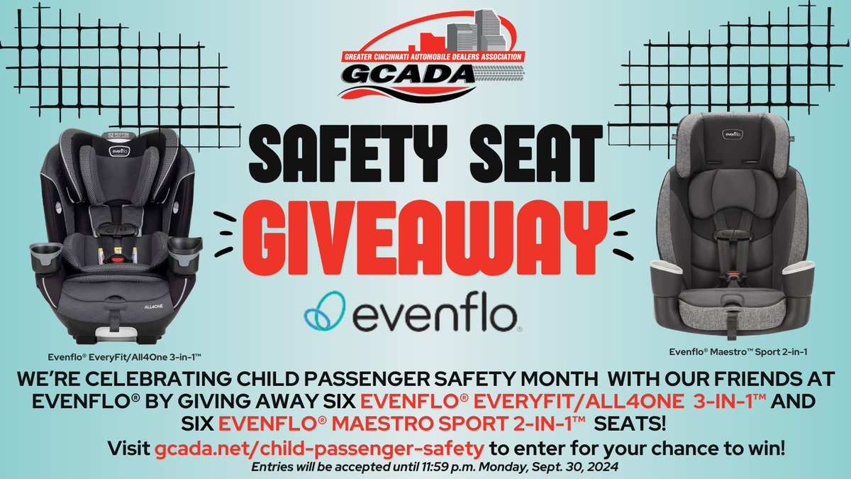 Time to celebrate #ChildPassengerSafety Month by entering <a href="/CincyAuto/">GCADA</a>'s <a href="/EvenfloBaby/">Evenflo</a> Safety Seat Giveaway!  
Click here: bit.ly/GCADA_CPS