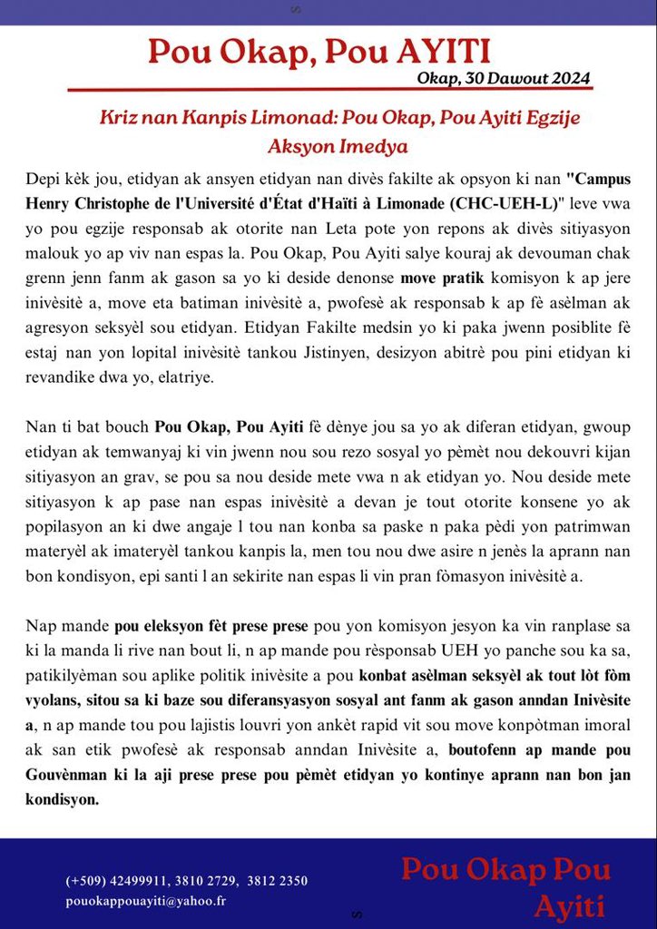 Kriz nan kanpis Limonad ,Pou OKap pou Ayiti mande aksyon