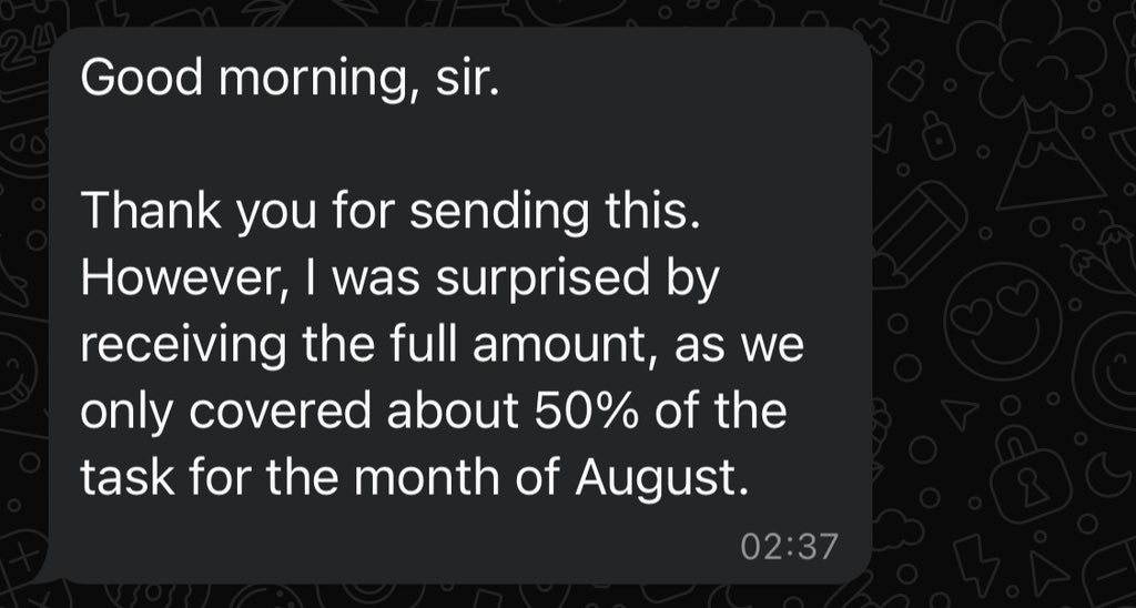 So we paid salaries in the midnight yesterday and my graphics designer who works remotely sent this…

I replied “do you want to refund the company?” We had a banter with WhatsApp stickers.

Being an employee shouldn’t be hard!

My wife and I are building <a href="/rainbowTrentLtd/">Rainbow Trent LTD</a>