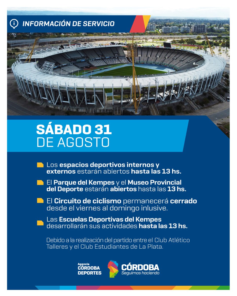 ⚠️#InformaciónDeServicio          

Con motivo del encuentro ⚽️entre <a href="/CATalleresdecba/">Club Atlético Talleres</a> 
 vs. <a href="/EdelpOficial/">Estudiantes de La Plata</a> por la Liga Profesional, estos serán los horarios de los espacios del  #PoloDeportivoKempes.