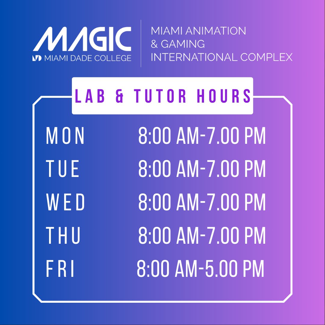 MAGIC_MDC's tweet image. Here are the Lab, Tutor, and Advising hours for MAGIC for Fall 2024! You can reach out in person at the MAGIC lab or via Discord if you have any questions. Welcome to MAGIC! #magicmdc #welcomebackweek