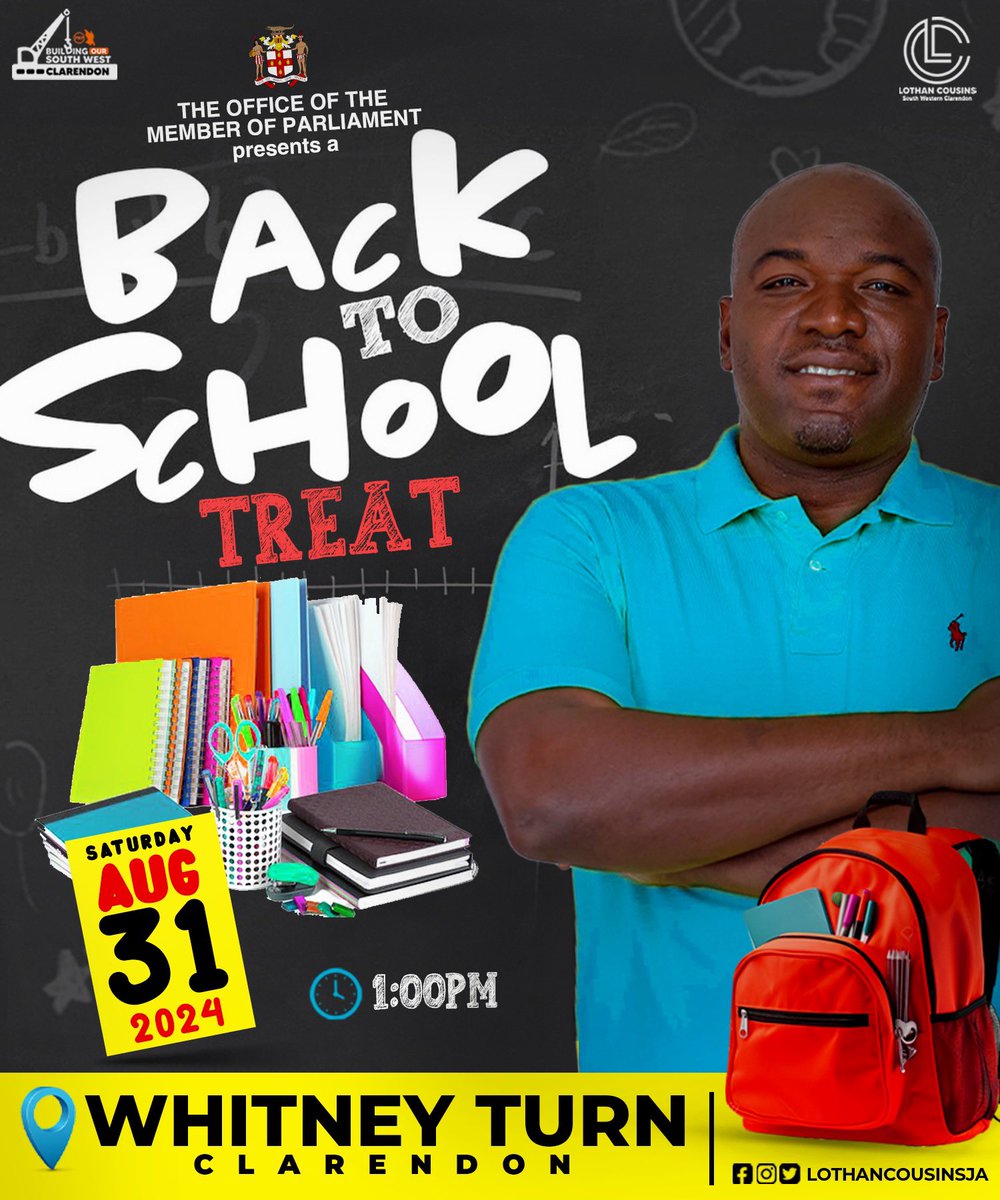 lothancousinsja's tweet photo. Our final back to school treat for this season takes place at ABS Supermarket, Whitney Turn tomorrow at 1:00 PM! 

Our children are just days away from returning to school, and we are ensuring that they are equipped and ready!📚🎒

#CountOnLothan
#BuildingSWClarendon https://t.co/vNEdAKLcR3