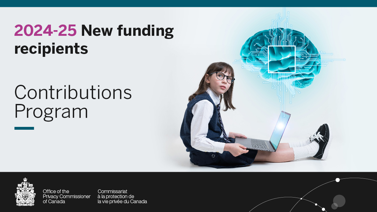PrivacyPrivee's tweet image. OPC announces the 2024-25 #ContributionsProgram recipients. Funded projects relate to children’s privacy, and the impact of technology on #privacy. priv.gc.ca/en/opc-news/ne…