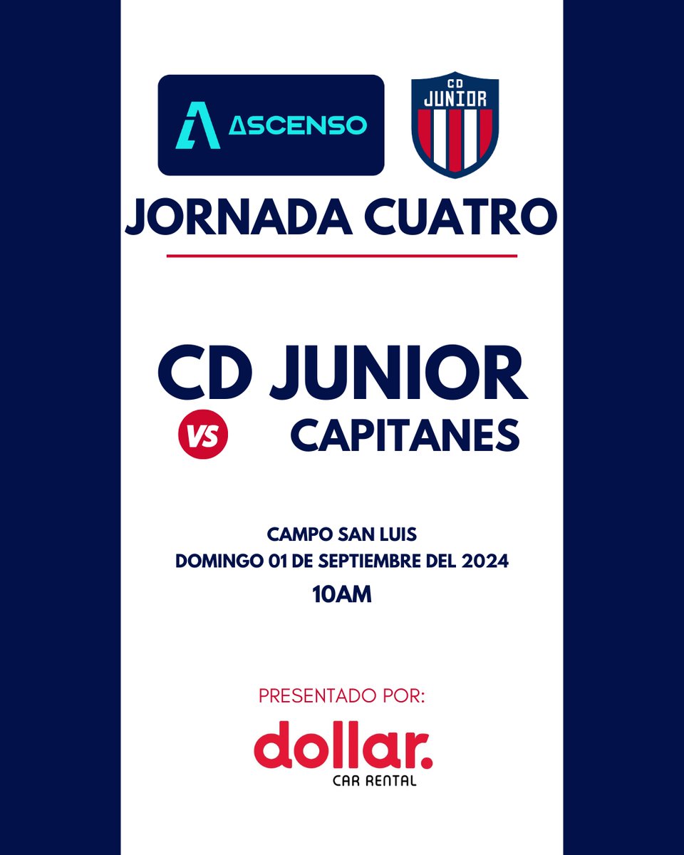 📍 Jornada cuatro
🏆 @ascensonic
🆚 Capitanes
📆 Domingo 01 de septiembre 2024
🏟️ San Luis
⏱️ 10AM