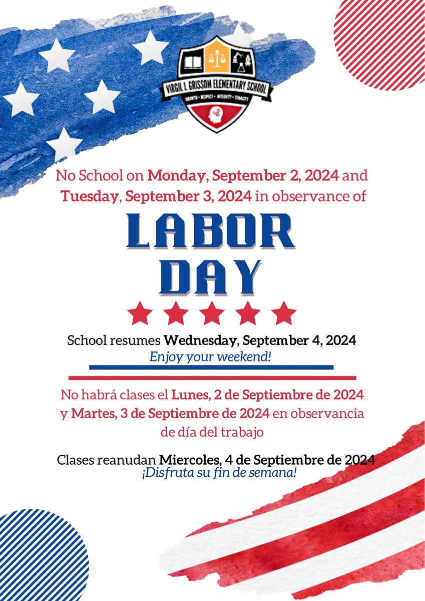 A friendly reminder that HISD will be closed on Monday, September 2, for Labor Day. There will be no classes on Tuesday, September 3, for staff professional development. Classes will resume on Wednesday, September 4.