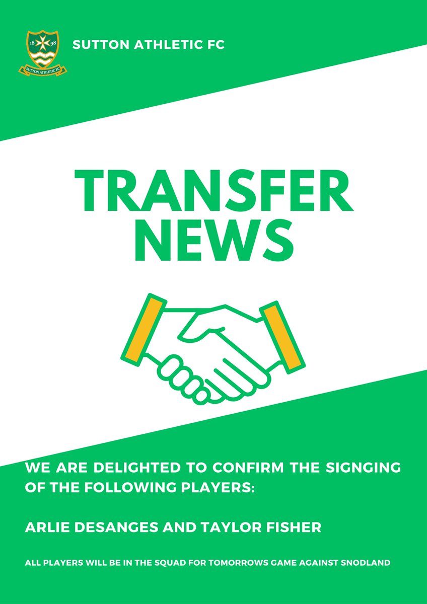 Sutton Athletic F.C (@sutton_athletic) on Twitter photo And to complete the movement for this week ⚽️⚽️
Big welcome home <a href="/ArlieDesanges/">Arlie Desanges</a> and a massive welcome to <a href="/_TaylorFisher_/">Taylor Fisher</a> both in the squad for tomorrow game against Snodland ⚽️⚽️ And to complete the movement for this week ⚽️⚽️
Big welcome home <a href="/ArlieDesanges/">Arlie Desanges</a> and a massive welcome to <a href="/_TaylorFisher_/">Taylor Fisher</a> both in the squad for tomorrow game against Snodland ⚽️⚽️