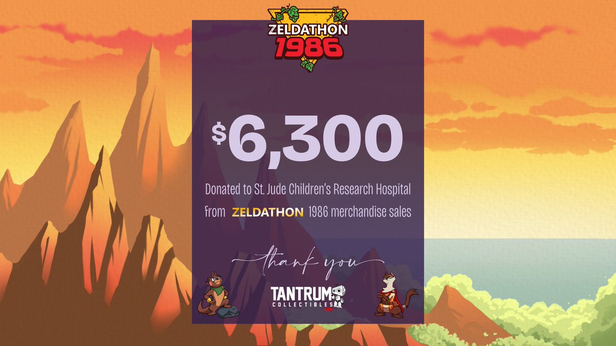The numbers are in! 🎉 Thanks to your generosity, we raised $6,300 for <a href="/StJude/">St. Jude</a> from merch sales alone during <a href="/Zeldathon/">Zeldathon</a> 1986! 💖 Thank you for your support! We're dedicated to delivering awesome merch &amp; supporting amazing causes like this!