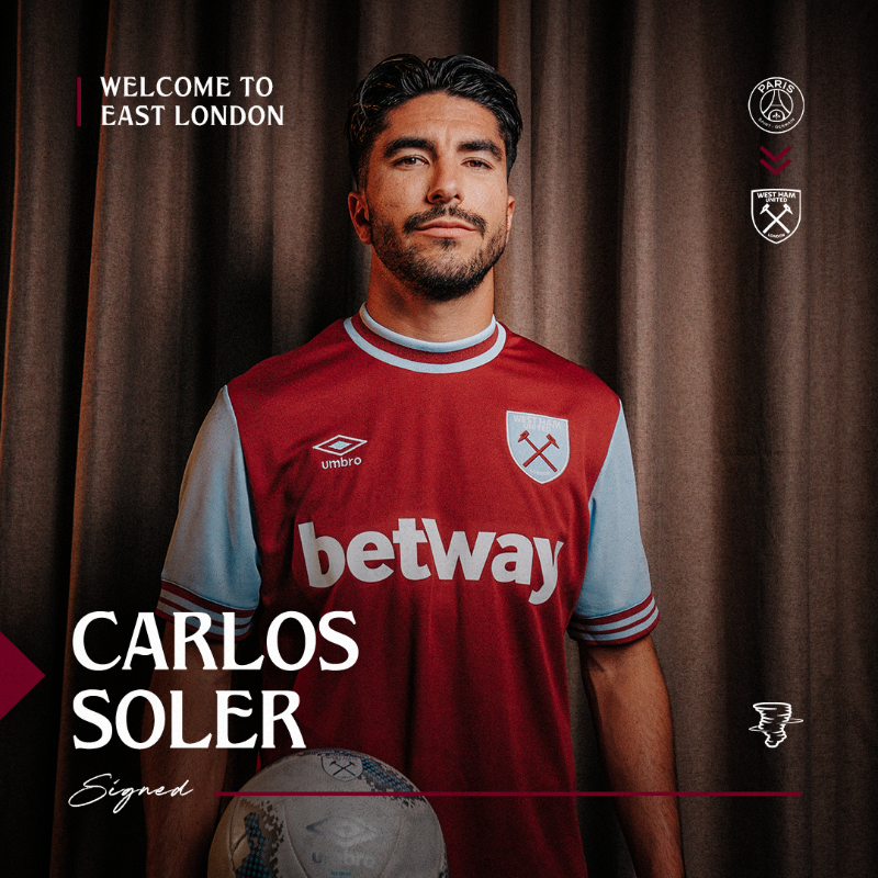 WestHam's tweet photo. West Ham United is delighted to announce the loan signing of Spain international midfielder Carlos Soler 🇪🇸
 
The 27-year-old becomes our ninth signing of the summer transfer window, joining from Paris Saint-Germain on a deal until the end of the 2024/25 season ✍️