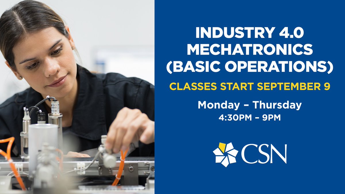Kickstart your career in high-demand manufacturing with our Industry 4.0 focused course! Learn fundamentals in electricity, robotics, and more. 

Start your journey today!
csn.augusoft.net/index.cfm?meth…

For more information:
docs.google.com/forms/d/1Jsrwa…