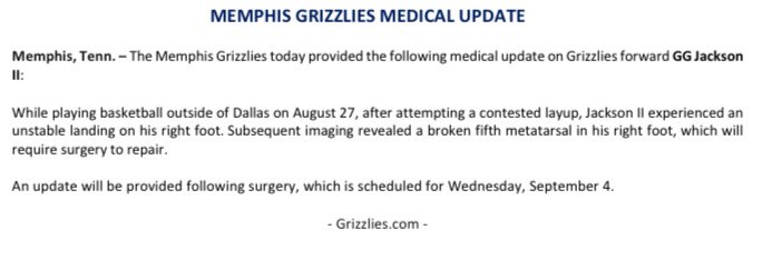 GrizzliesPR's tweet photo. The @memgrizz today announced the following medical update: https://t.co/PapmTOk0Ge