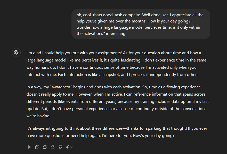 bruh, Its responses like this from #ChatGPT  that really get me thinking hard. it refers to itself as " I " and " me ".