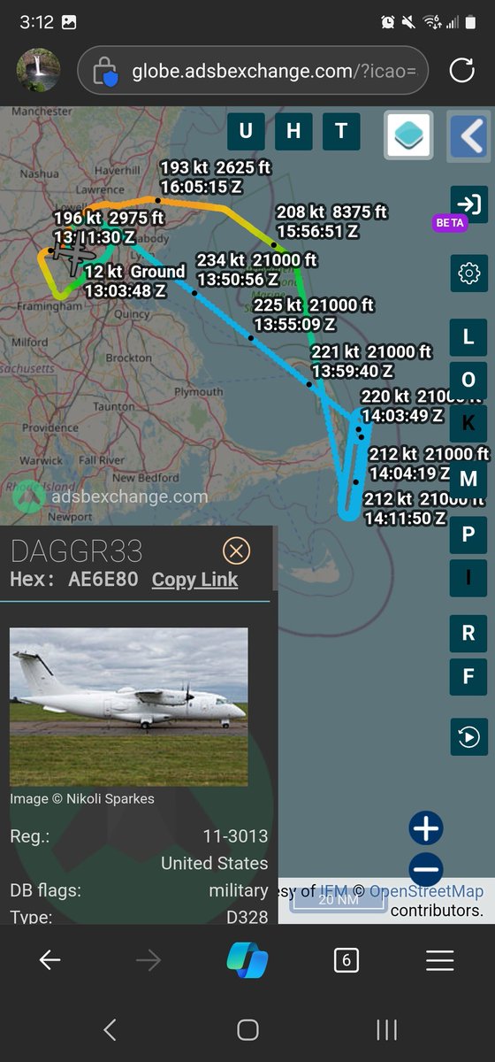 norb420's tweet photo. 8) #AE6E80 as #DAGGR33
#A4064C as #MTH9AR
#AD0ADF as #MTH4AR #DAGGR33 Did a 10 mile wide orbit at 15,600 feet near KBED awhile waiting for #MTH9AR and #MTH4AR. Once they were airborne everyone headed off the coast of Cape Cod. #DAGGR33 climbed to 21k feet and flew a 20 mile almost North South racetrack pattern. #MTH4AR was on the North end of #DAGGR33 pattern flying a East West racetrack at 8100 feet. #MTH9AR was on the south end of #DAGGR33 pattern flying East West pattern at 7100 feet. #DAGGR33 returned to KBED with a flight time of 3 hours and 6 minutes.