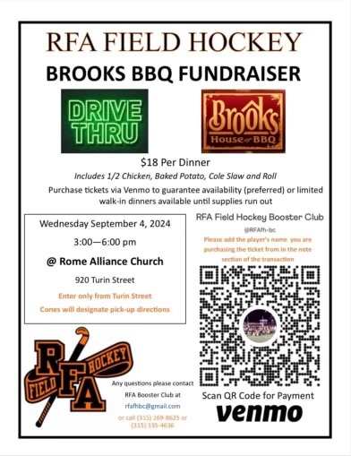Please support our star athletes and associates Ella, Sydney, and Maddie (not pictured), who are fundraising for their field hockey team. All information on how to purchase a Brooks BBQ Chicken Dinner ticket is on the form below. They will be taking orders until Monday 9/02....