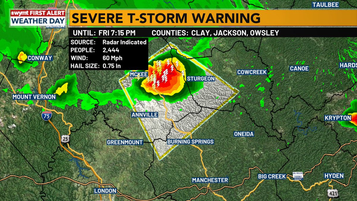 NEW EVENT: Severe Thunderstorm Warning for Clay, Jackson &amp; Owsley Counties until 7:15 PM. Download the free WYMT First Alert Weather App to stay ahead of the storm.