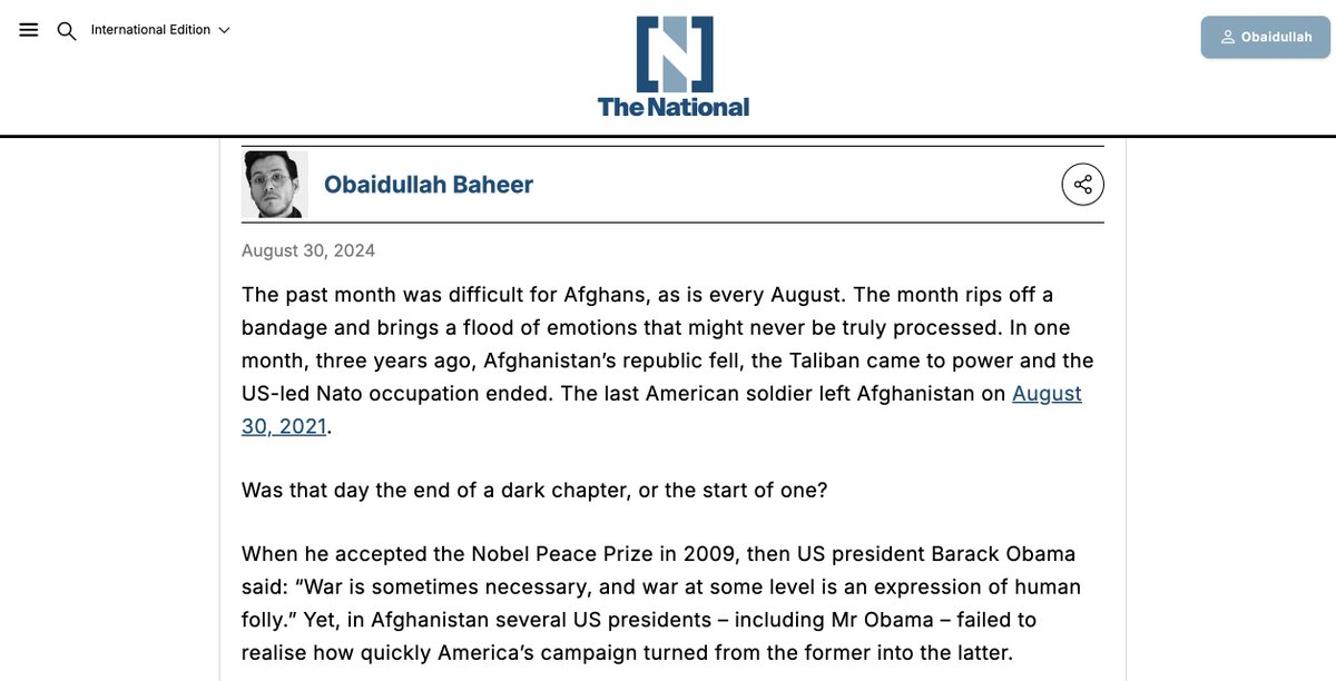 ObaidullaBaheer's tweet image. Would #Afghanistan be better off had the US not invaded?  My piece on the three-year anniversary of the US withdrawal from Afghanistan for @TheNationalNews 
thenationalnews.com/opinion/commen…
