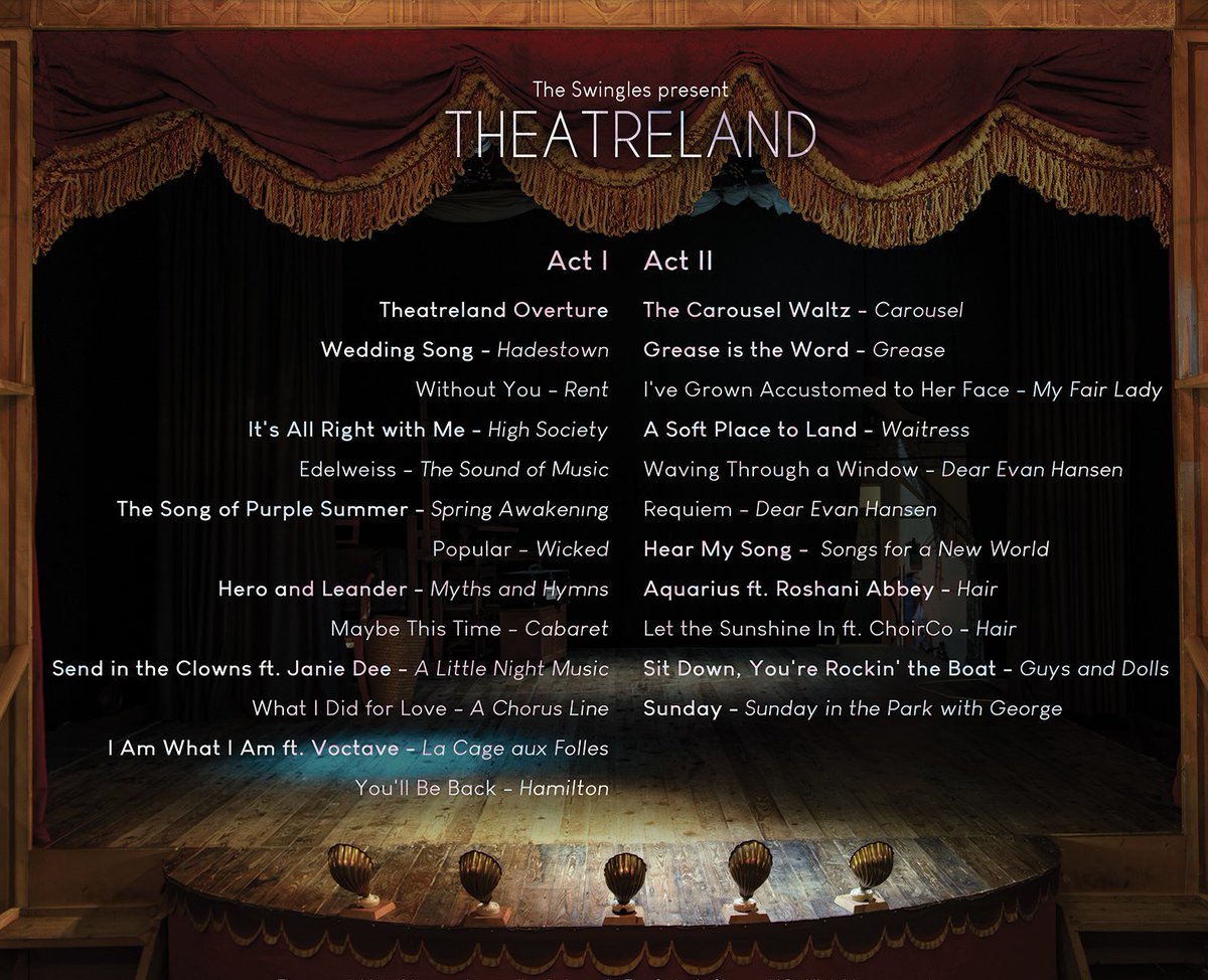 THEATRELAND is OUT!
<a href="/swinglesingers/">The Swingles</a> newest album featuring all vocal arrangements of our favourite musical theatre songs, is out now on all streaming platforms!
14 full songs with smaller 'interludes' woven throughout :)
#theatreland #musicaltheatre #broadway #westend #acappella