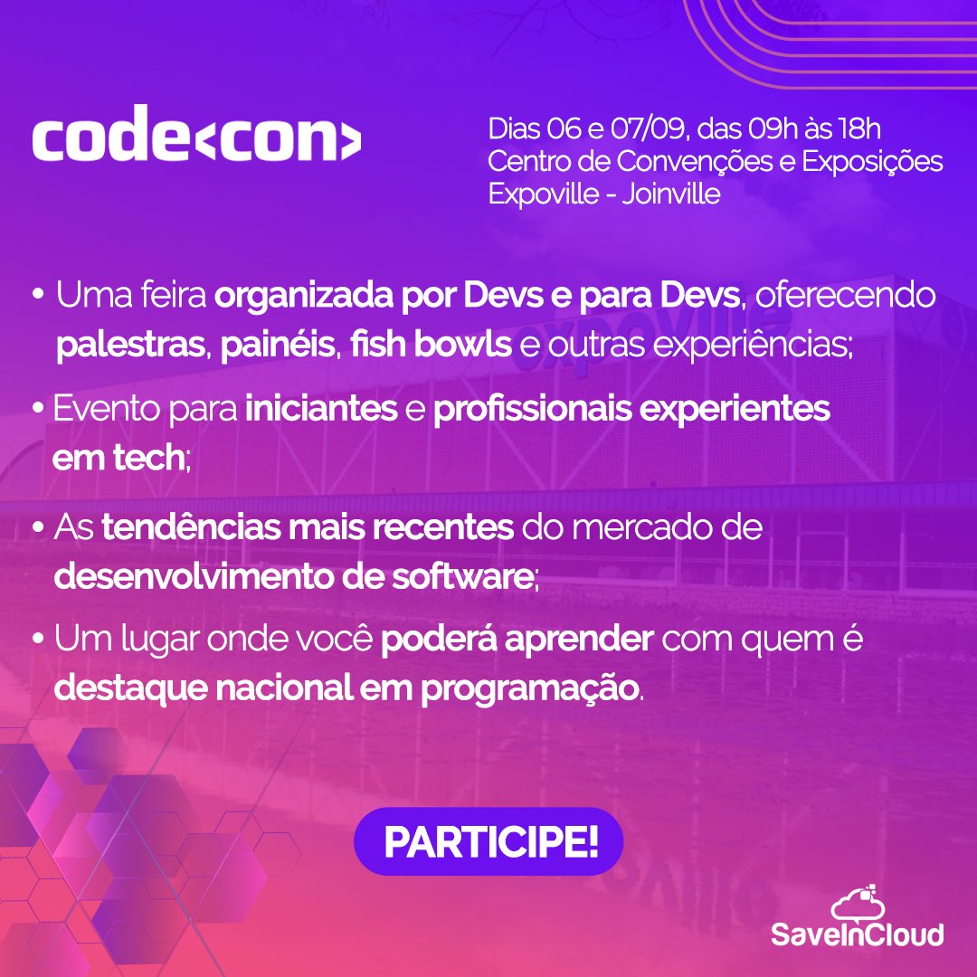 É com alegria que anunciamos nossa participação pela primeira vez na Codecon Summit 2024!

Garanta já seu ingresso: eventos.codecon.dev/codecon-summit…

Te esperamos lá! 😉

#Saveincloud #Codecon #Codecon2024 #CodeconSummit2024 #Eventos #Softwaredeveloper #Programador #Conferênciatécnica