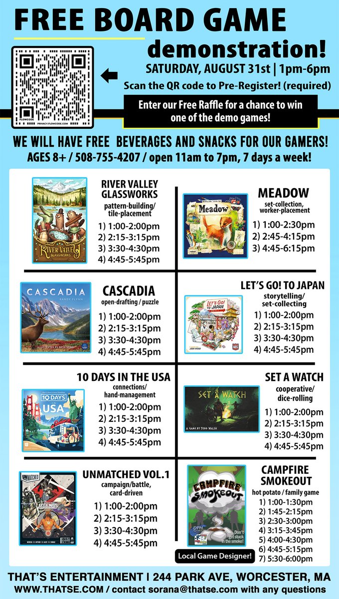 ThatsE's tweet photo. Want to try a new Board Game for Free? Then don't miss our Free Board Game Demo tomorrow, Saturday, August 31st, 1pm-5pm! To register, go to this link: https://t.co/awBr9pwgV6

#thatsentertainment #freeboardgamedemo https://t.co/OzKytlO0Fy