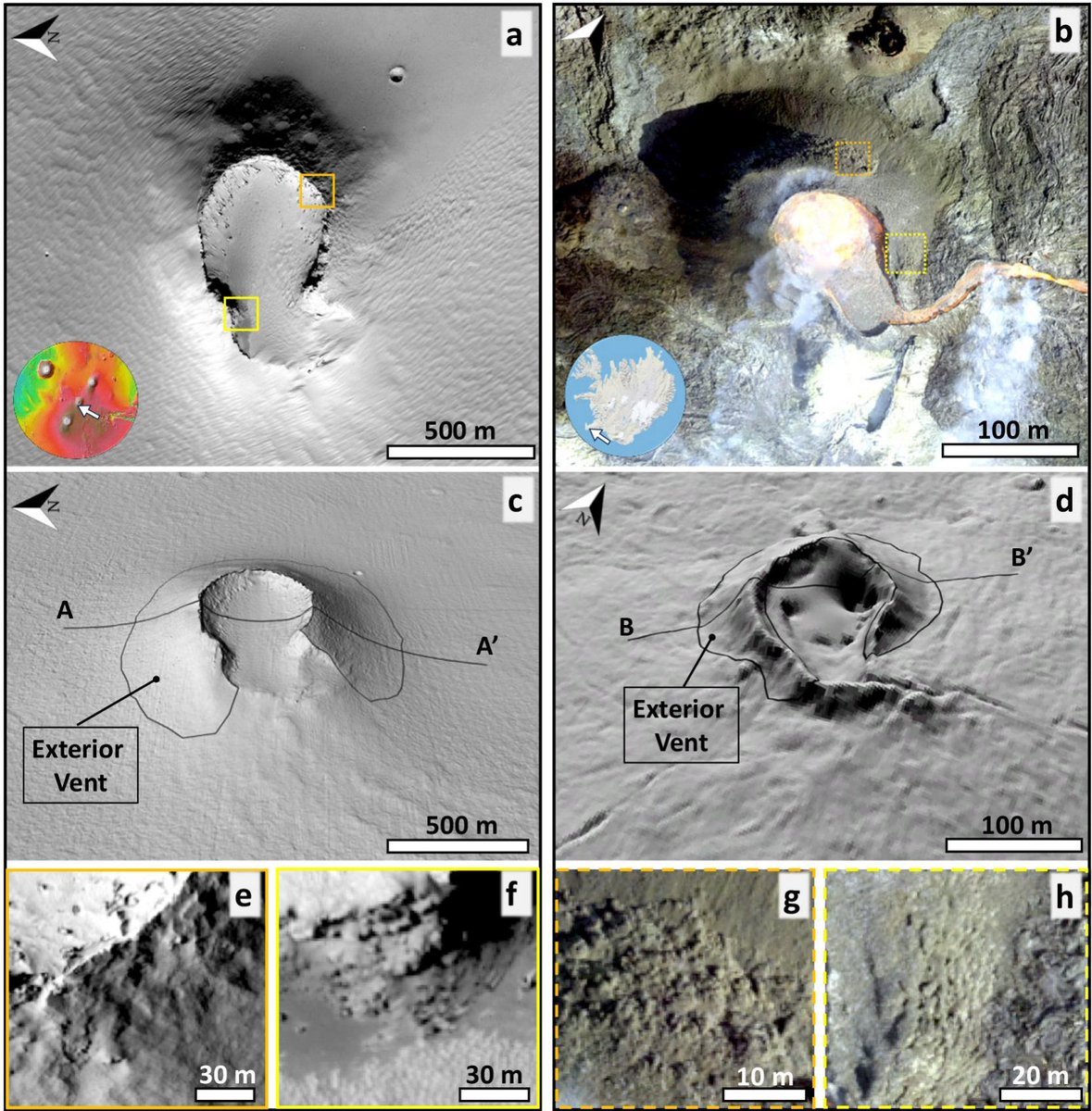 This week, we have a figure which compares a newly identified Martian spatter cone to an Earth-analog found at the 2021 Fagradalsfjall eruption in Iceland. The authors show that the size, shape, and surface texture are similar between these two explosive volcanic features. (1/2)