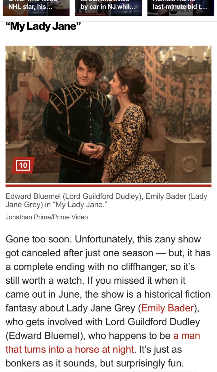 losangelesliv's tweet photo. My Lady Jane in the @nypost Labor Day streaming guide!

 “…Lady Jane Grey, who gets involved with Lord Guildford Dudley, who happens to be a man that turns into a horse at night. It’s just as bonkers as it sounds, but surprisingly fun.” 

#SaveMyLadyJane https://t.co/GYm7jTtCsu