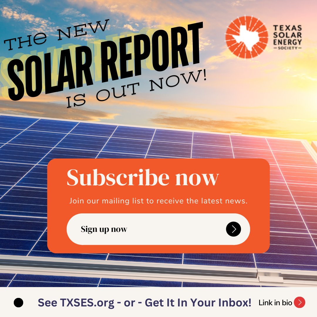 TXSES's tweet image. The latest #SolarReport is out now! ☀️ Read it on our website at lnkd.in/gft4JAPG ⚡OR ⚡be the first to know by having it delivered to your Inbox monthly!
☀️Subscribe at: visitor.r20.constantcontact.com/d.jsp?llr=8fjn…