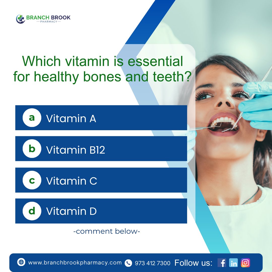 Which vitamin is essential for healthy bones and teeth?

a) Vitamin A 
b) Vitamin B12 
c) Vitamin C 
d) Vitamin D

👉 Comment your answer

#Quiz #QuizQuestions #InteractiveQuiz #branchbrookpharmacy