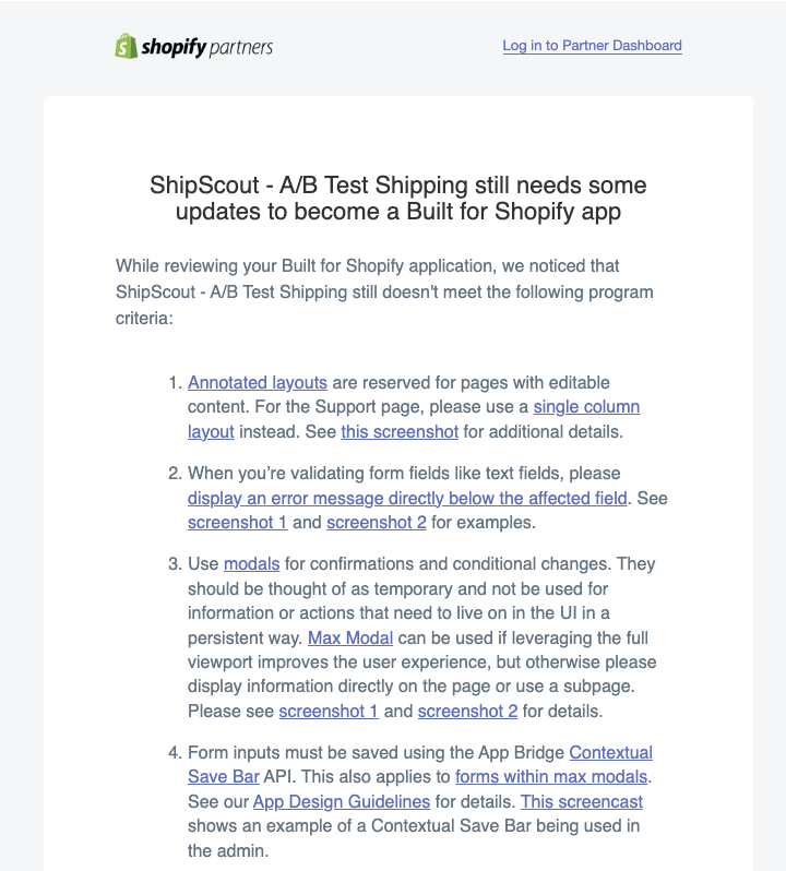 I got review comments back for my Built for Shopify application. Fewer then I expected.

The journey continues!
