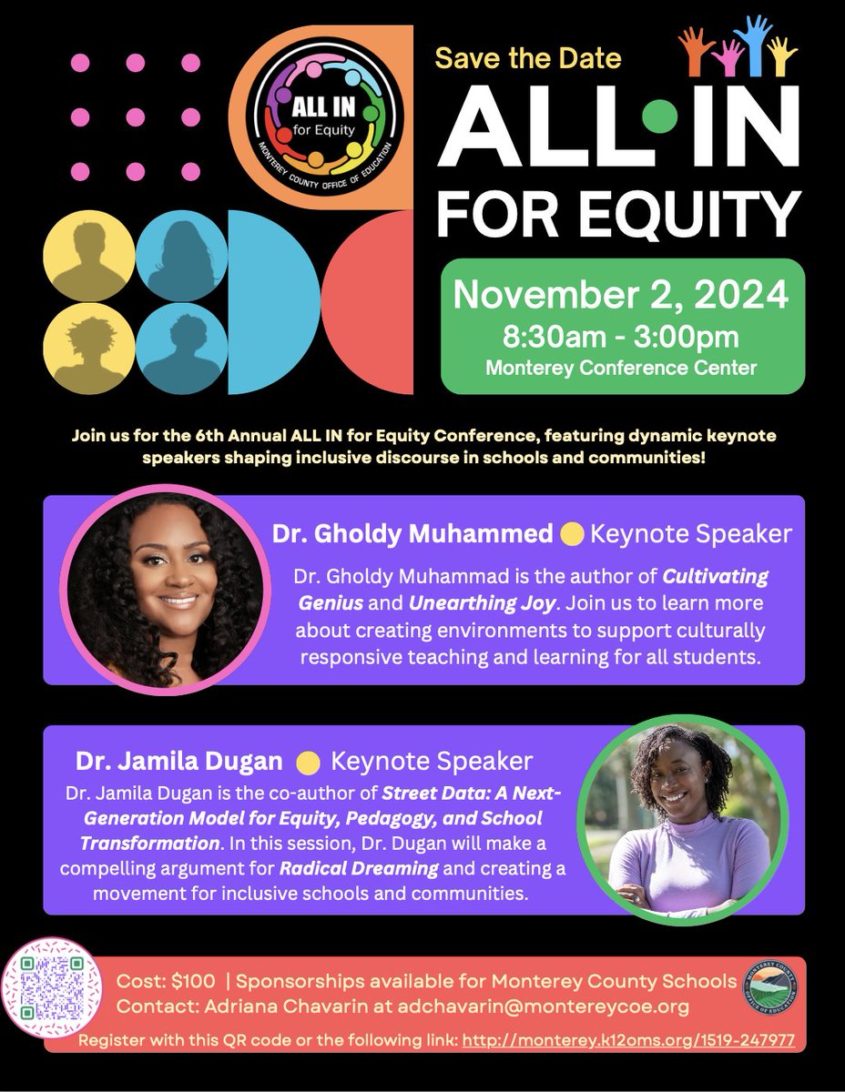 Rod Garcia (@mrrodgarcia) on Twitter photo Save the Date for the 6th Annual ALL IN for Equity Conference on Nov 2nd in Monterey!
Hear from keynote speakers Dr. Gholdy Muhammad & Dr. Jamila Dugan on shaping inclusive discourse in schools and communities! <a href="/GholdyM/">Gholdy Muhammad</a> <a href="/JamilaDugan/">Jamila Dugan</a>
Register: monterey.k12oms.org/1519-247977 Save the Date for the 6th Annual ALL IN for Equity Conference on Nov 2nd in Monterey!
Hear from keynote speakers Dr. Gholdy Muhammad & Dr. Jamila Dugan on shaping inclusive discourse in schools and communities! <a href="/GholdyM/">Gholdy Muhammad</a> <a href="/JamilaDugan/">Jamila Dugan</a>
Register: monterey.k12oms.org/1519-247977