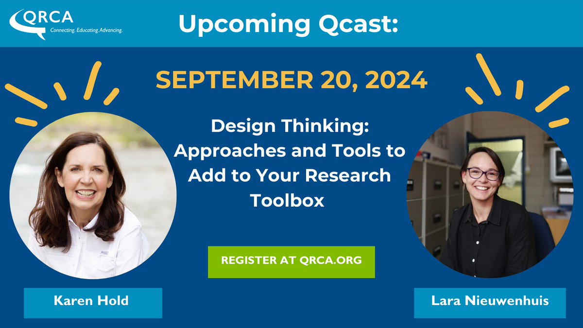 📅 Mark your calendars for September 20! 📢 The next Qcast Webinar, "Design Thinking: Approaches and Tools to Add to Your Research Toolbox," presents a panel of professionals who will share design thinking methodologies. Secure your spot today! 
qrca.org/events/EventDe…