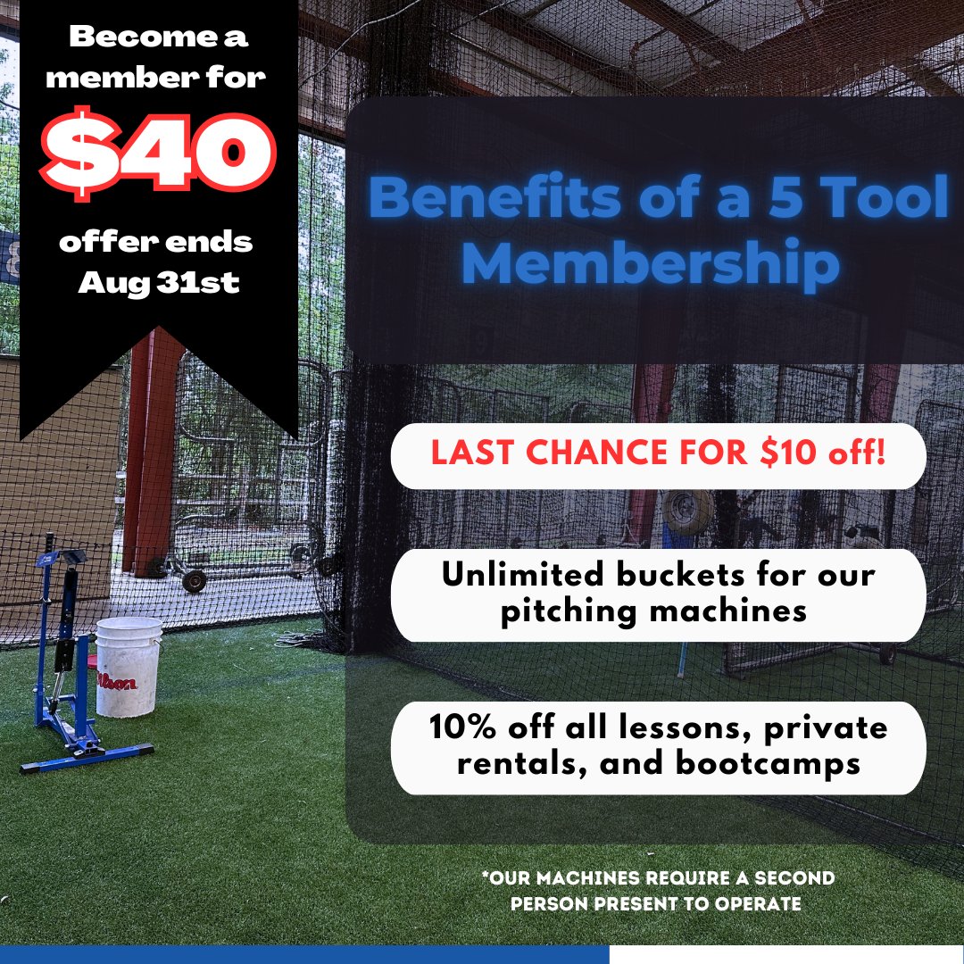 LAST CHANCE to get $10 off every month for the entire length of your membership!!! Sign up today to get unlimited access to our membership machines and discounts to all of our other programs!

5tooltraining.com/memberships

#Jacksonville #duval #pontevedra #nocatee #baseball #softball