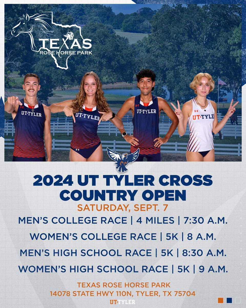 XC | For the first time since 2019, <a href="/UTT_XCTF/">UT Tyler Track and Field/Cross Country</a> will kick off their season with a HOME event!

Join us at Texas Rose Horse Park on September 7th to watch our Cross Country program in action!

#SwoopSwoop