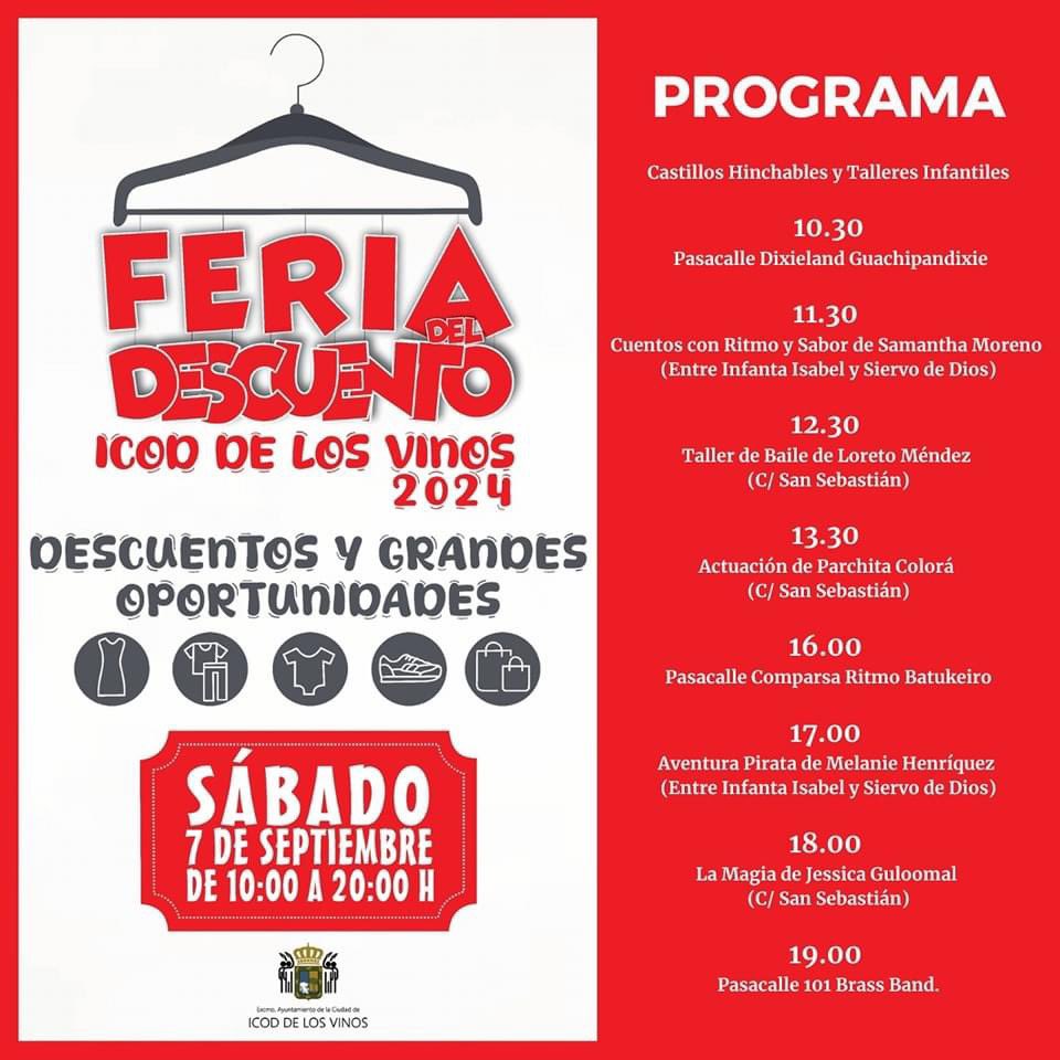 🏷 𝗩𝘂𝗲𝗹𝘃𝗲 𝗹𝗮 𝗙𝗲𝗿𝗶𝗮 𝗱𝗲𝗹 𝗗𝗲𝘀𝗰𝘂𝗲𝗻𝘁𝗼 𝗮 𝗜𝗰𝗼𝗱 𝗱𝗲 𝗹𝗼𝘀 𝗩𝗶𝗻𝗼𝘀 el próximo 7 de septiembre, con una amplia oferta de actividades para toda  la familia, comercio y gastronomía durante todo el día. 

#IcodSeMueve
#IcodComercio