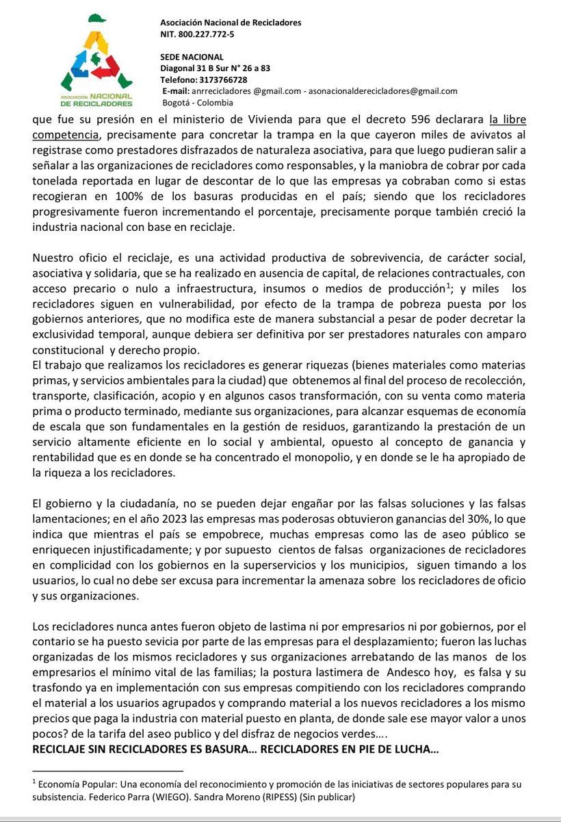 ANR RECHAZA COMUNICACION DE ANDESCO...Lo  expresado no ataca el problema, sino busca  atacar a los que considera sus verdaderos enemigos en la conquista de sus  nuevos planes  : las organizaciones legitimas de recicladores de oficio, que por más de 30 años les han resistido.