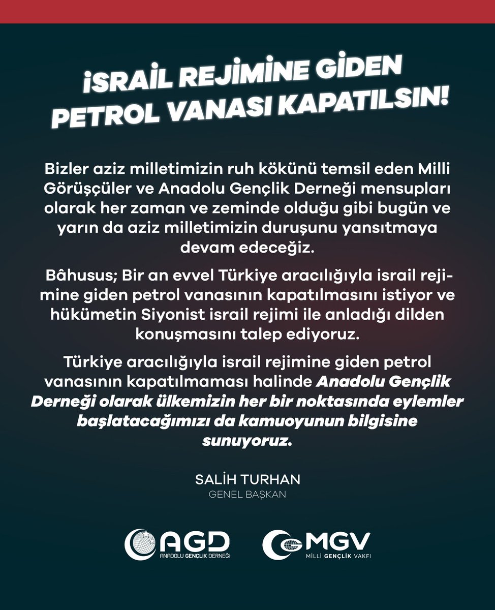 AGDSalihTURHAN's tweet photo. 📍İsrail Rejimine Giden Petrol Vanası Kapatılsın!

Türkiye aracılığıyla israil rejimine giden petrol vanasının kapatılmaması halinde Anadolu Gençlik Derneği olarak ülkemizin her bir noktasında eylemler başlatacağımızı da kamuoyunun bilgisine sunuyoruz. https://t.co/5kEC8HHPRR