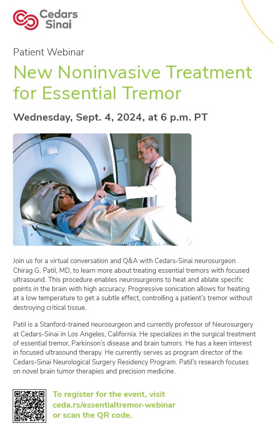 NeurosciencesCS's tweet image. Join us on 9/4 to learn about MRI-guided focused ultrasound. This non-invasive procedure can treat essential tremor and tremor-dominant Parkinson's Disease.
