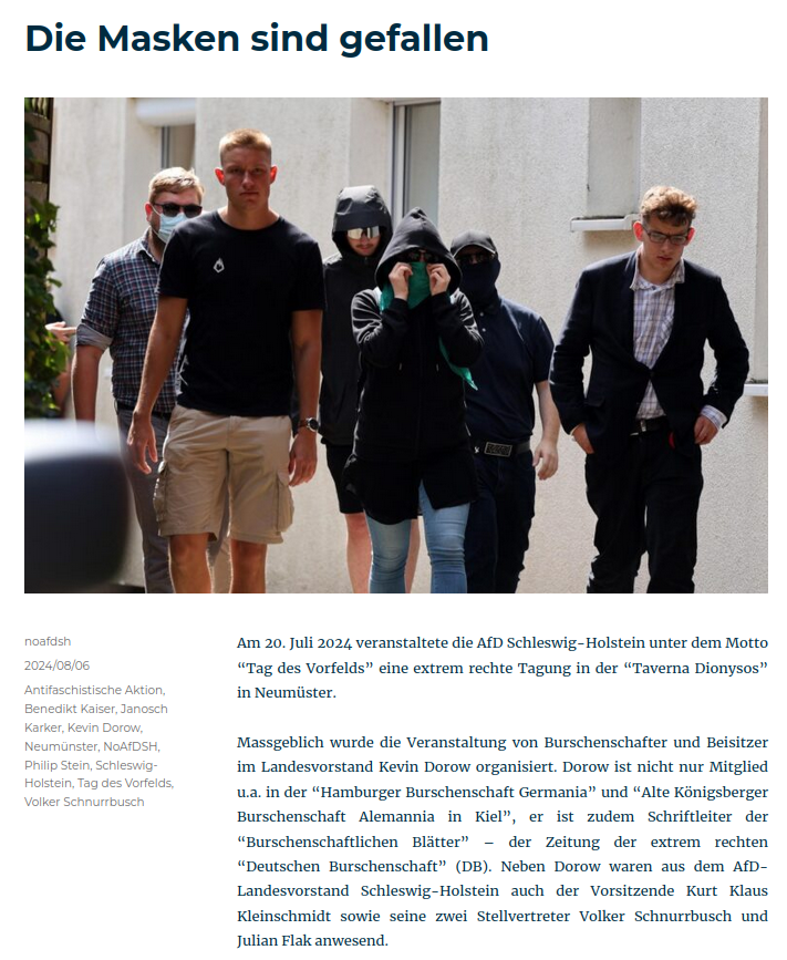 AfaNord's tweet photo. Die AfD #SchleswigHolstein plant am 6.9. 18 Uhr ein Geheimtreffen bei #Husum.
Antifas enttarnten zuletzt ein #Neonazi-Treffen in #Neumünster zwischen AfD, JA &amp; rechten Projekten u.a. aus der #IdentitäreBewegung. 1/x:

https://t.co/m3Qn20Zgz0

🏴6.9.24 Raum Husum

#NoNazis #NoAfD https://t.co/uMNdk6Hbw6